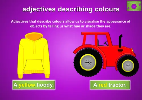 Adjectives describing colours: a yellow hoody and a red tractor showcasing how colours describe the appearance of objects.