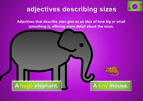 Adjectives describing sizes: a huge elephant and a tiny mouse illustrating size comparisons.