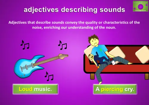 A split image: on the left, a guitar with the caption 'loud music'; on the right, a crying baby with the caption 'a piercing cry.