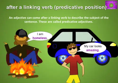 An image explaining predicative adjectives. On the left, a homeless man says, "I am homeless." On the right, a man stands next to a nice car saying, "My car looks amazing.