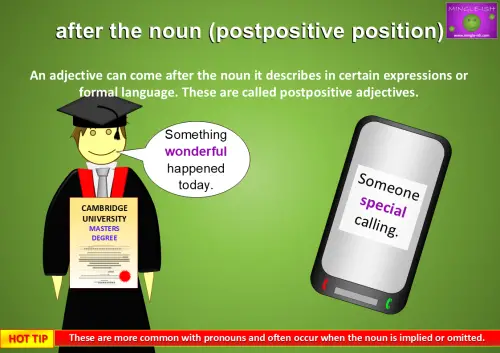 A picture illustrating postpositive adjectives with two examples: a graduate holding a certificate saying "something wonderful happened today" on the left, and a phone screen displaying "someone special calling" on the right.