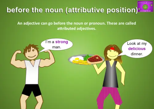 A colourful image showing examples of adjectives before the noun (attributive position). On the left, a muscular man says, "I’m a strong man." On the right, a person holding a plate of food says, "Look at my delicious dinner."