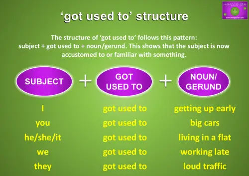 Got Used To" structure visual showing how to form sentences in the past tense. The structure is: subject + got used to + noun/gerund. The chart gives examples of subjects like "I," "you," "he/she/it," "we," and "they" with the verb form "got used to" followed by actions such as "getting up early," "big cars," "living in a flat," "working late," and "loud traffic.