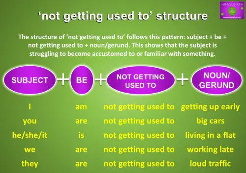 Graphic showing the structure of "not getting used to" with examples.