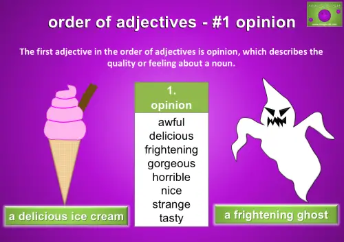 The first adjective in the order of adjectives is opinion, which describes the quality or feeling about a noun.