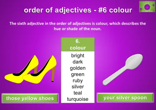 The sixth adjective in the order of adjectives is colour, which describes the hue or shade of the noun.