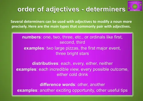 Order of adjectives - determiners including numbers, distributives, and difference words with examples