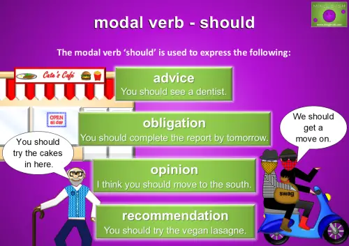 Modal verb should infographic illustrating advice, obligation, opinion, and recommendation, with examples like "You should see a dentist" and "You should try the vegan lasagne.