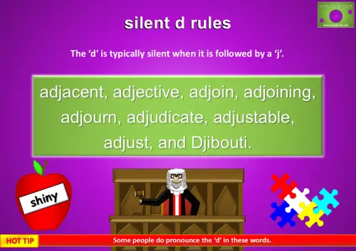 Silent D rules graphic explaining the silent 'd' before 'j' with examples like adjacent, adjust, and Djibouti, featuring illustrations of a judge, shiny apple, and puzzle pieces.