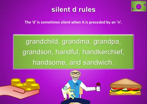 The ‘d' is sometimes silent when it is preceded by an ‘n’. For example - grandchild, grandma, grandpa, grandson, handful, handkerchief, handsome, and sandwich.