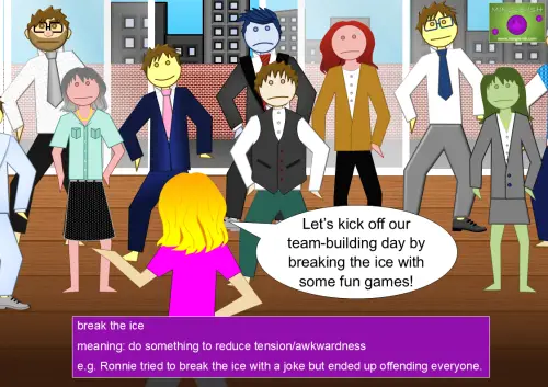 A group of office workers are nervously stood be fore a host. She says 'Let’s kick off our team-building day by breaking the ice with some fun games!'