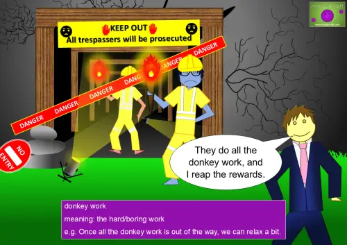 Illustration of the idiom 'donkey work' showing workers entering a dangerous tunnel while a man in a suit smiles outside, highlighting hard and tedious labour.