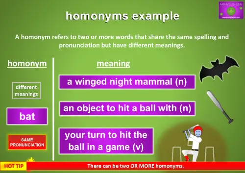 Illustration of the homonym 'bat' with examples and meanings. 'Bat' can mean a winged night mammal (noun), an object used to hit a ball (noun), or your turn to hit the ball in a game (verb). Visuals include a bat (animal), a baseball bat, and a cricket player, with notes highlighting same pronunciation and different meanings.