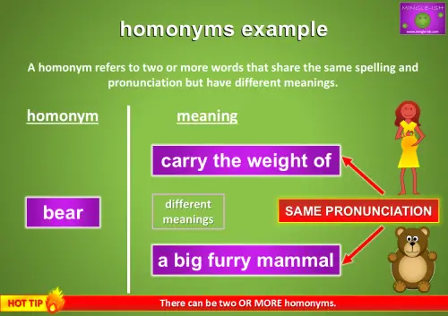 Illustration of the homonym 'bear' with its different meanings. 'Bear' can mean 'carry the weight of' or refer to 'a big furry mammal.' Visuals include a person bearing a load and a cartoon bear, with a note emphasising same pronunciation but different meanings.