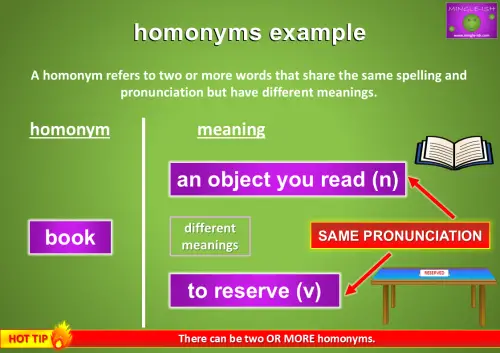 Illustration of the homonym 'boor' with its different meanings. 'Book' can mean 'an object you read' or refer to 'to reserve.' Visuals include a book and a reserved table, with a note emphasising same pronunciation but different meanings.