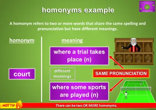 Illustration of the homonym 'court' with its different meanings. 'court' can mean 'a building where a trial takes place' or refer to 'a place where some sports games are played' Visuals include a judge in a courtroom scene and a tennis court, with a note emphasising same pronunciation but different meanings.