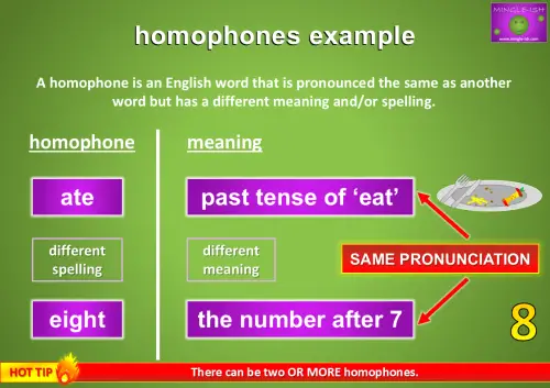 Homophones example showing 'ate' (past tense of eat) and 'eight' (the number after 7) with explanations of their meanings and pronunciation similarities.