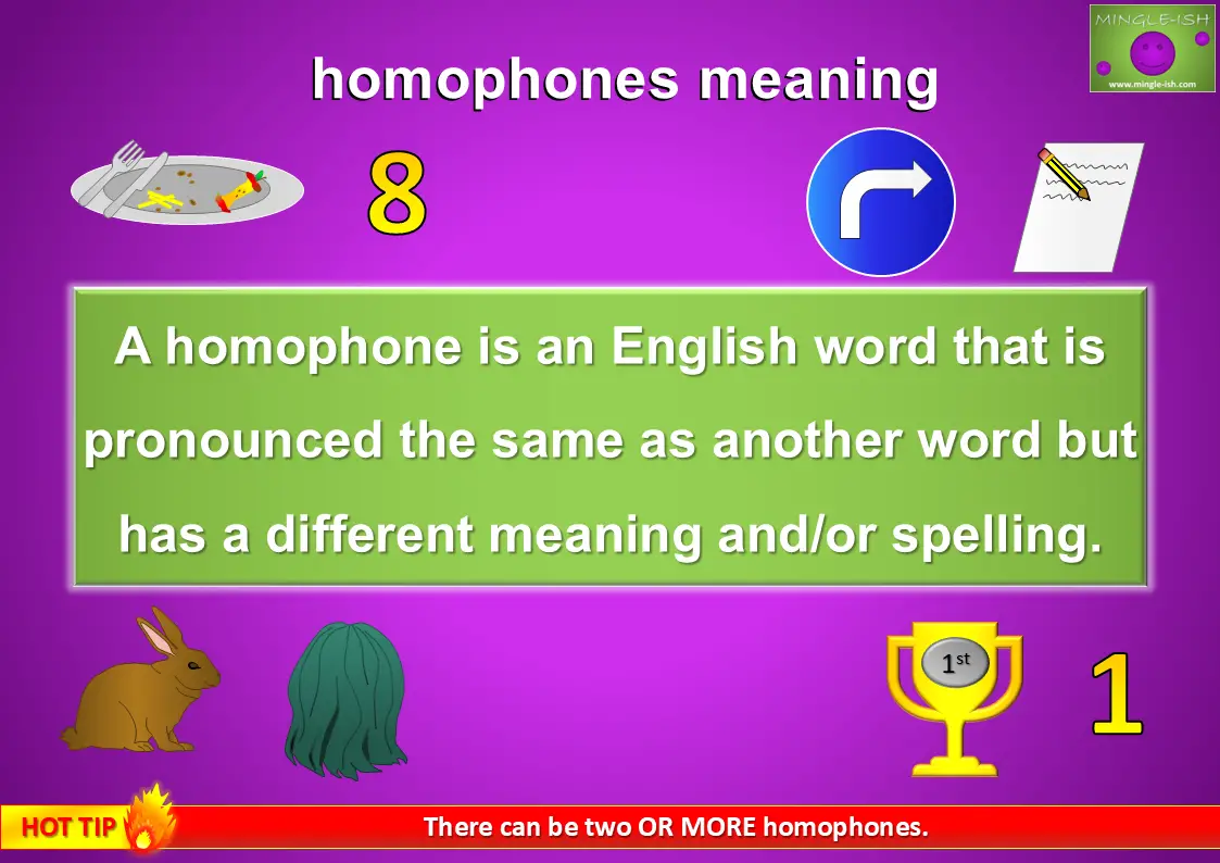 A colourful educational graphic explaining the meaning of homophones. It defines a homophone as "an English word that is pronounced the same as another word but has a different meaning and/or spelling." The graphic includes various illustrations, such as a rabbit, hair, a trophy, and other icons. At the bottom, there is a "Hot Tip" section stating, "There can be two OR MORE homophones.