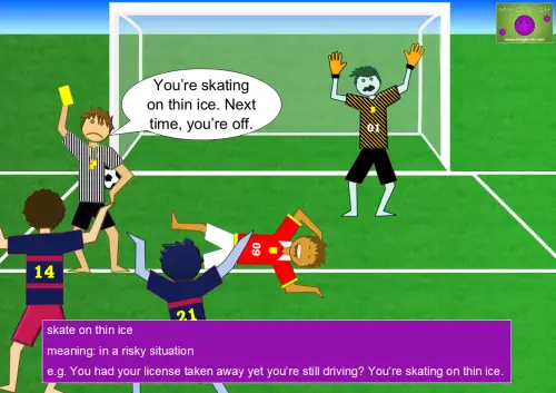 A football referee showing a yellow card while saying, "You're skating on thin ice. Next time, you're off." The scene includes football players reacting to the decision, with one player lying on the ground holding their leg in apparent pain.