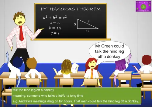 Cartoon classroom scene with a teacher teaching a class 'Pythagoras theorem'. One bored student says 'Mr. Green could talk the hind leg off a donkey.' Meaning he talks a lot and/or for a long time.