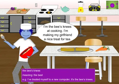 Illustration of the idiom the bee’s knees, showing a blue chef in a kitchen saying, "I’m the bee’s knees at cooking," while preparing food. A text box explains the idiom’s meaning as "the best," with an example sentence.