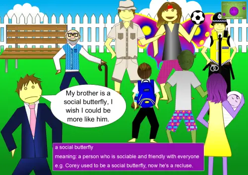 A colourful cartoon illustration of a lively park scene with various people socialising. A man with large butterfly wings is happily interacting with a diverse group, symbolising the idiom "social butterfly." A man in a suit looks on, saying, "My brother is a social butterfly, I wish I could be more like him." A text box at the bottom explains the meaning of "a social butterfly" as someone who is sociable and friendly with everyone.