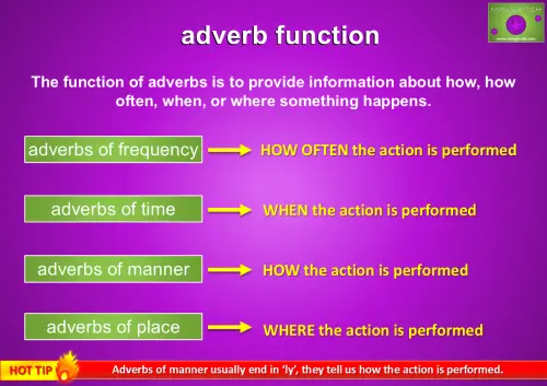 A bright purple educational graphic titled "Adverb Function." It explains that adverbs provide information about how, how often, when, or where something happens. It categorizes adverbs into four types: adverbs of frequency (how often an action is performed), adverbs of time (when an action is performed), adverbs of manner (how an action is performed), and adverbs of place (where an action is performed). A "Hot Tip" at the bottom notes that adverbs of manner usually end in "ly."