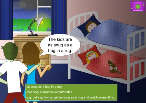 A cartoon-style illustration of a cosy bedroom at night with two children sleeping in bunk beds, tucked under warm blankets. A cat is curled up on one of the beds. Two adults stand near the door, looking at the children, with one saying, "The kids are as snug as a bug in a rug." A window shows rain falling outside. A green text box at the bottom explains the idiom "as snug as a bug in a rug," meaning warm, cosy, and comfortable, with an example sentence.