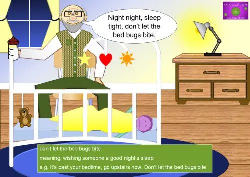 Elderly man tucking a baby into a crib while saying, "Night night, sleep tight, don’t let the bed bugs bite.