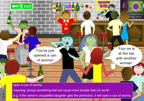 A lively karaoke bar scene where a woman tells a man that his ex is at the bar with another woman. The shocked man, holding a bottle, exclaims, "You’ve just opened a can of worms!" The background features people drinking, chatting, and celebrating.