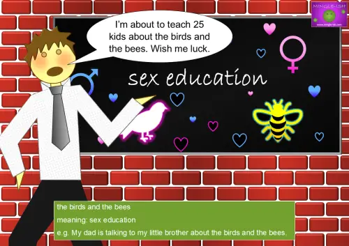 Teacher pointing to a blackboard with "sex education" written on it, representing the idiom "the birds and the bees."