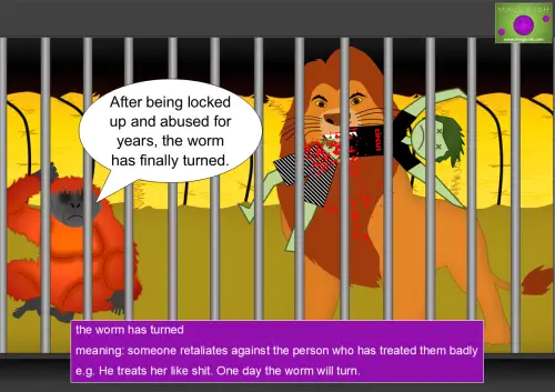 A lion in a circus cage has attacked and killed its trainer, symbolizing revenge. An orangutan watches from the corner, while hay bales fill the background. A speech bubble says, "After being locked up and abused for years, the worm has finally turned."