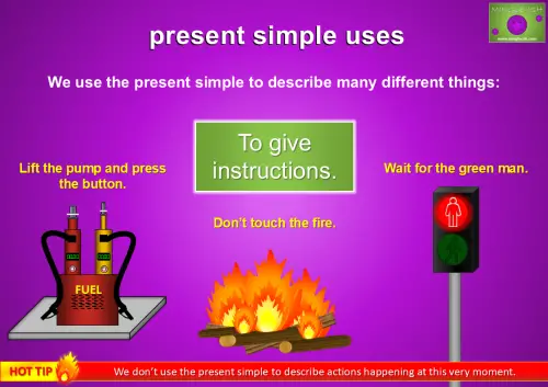 present simple tense examples for giving instructions including lift the pump press the button don’t touch the fire and wait for the green man for esl and efl learners