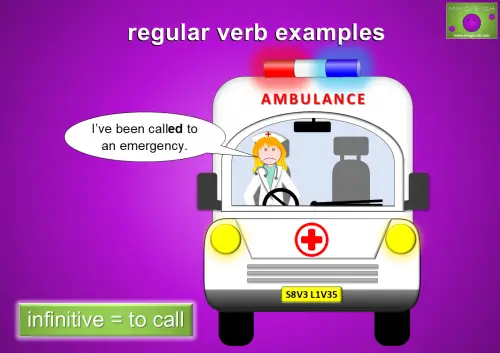 Cartoon image of an ambulance with a female doctor inside saying, "I've been called to an emergency," illustrating the regular verb "call" in past participle form.