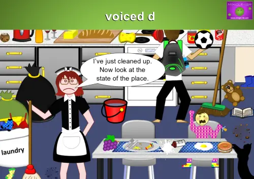 Illustration showing the pronunciation of a past tense regular verb with a voiced "d" sound.