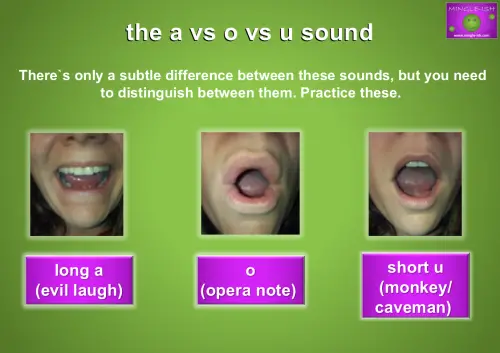 vowel pronunciation a vs o vs u comparison with mouth positions