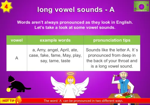 Long vowel sound A pronunciation guide with example words and pronunciation tips.