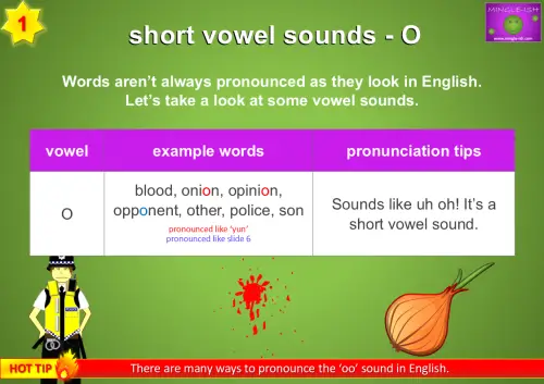 A colourful educational slide explaining short vowel sounds for the letter "O". It includes a table with example words such as "blood", "onion", and "opinion", alongside pronunciation tips. The slide also highlights that the "o" in "onion" is pronounced like "yun". There are engaging graphics, including a police officer, an onion, and a splatter of blood.