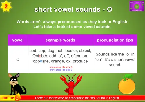 An educational slide explaining short vowel sounds for the letter "O". It features a table with example words like "cod", "dog", "hot", and "orange", along with pronunciation tips. The slide mentions that the "o" in these words sounds like the "o" in "on". Illustrated with a cartoon dog, a lobster, and an orange for engagement.