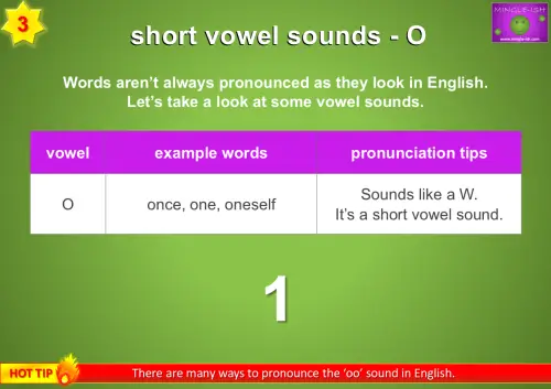 An educational slide about short vowel sounds for the letter "O". It includes a table with example words like "once", "one", and "oneself", along with pronunciation tips stating that the "o" in these words sounds like a "w".