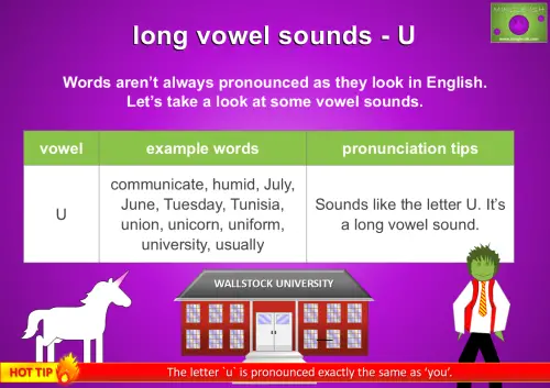 Long vowel sound 'U' chart with example words and pronunciation tips for English learners.