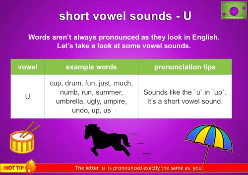 Short vowel sound 'U' chart with example words and pronunciation tips for English learners.