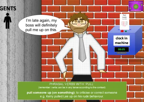 'pull someone up on something' phrasal verb with meaning and example.