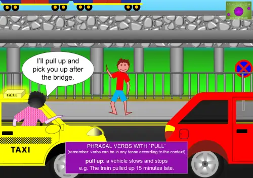 Cartoon of a taxi driver saying "I’ll pull up and pick you up after the bridge" to show the phrasal verb "pull up".