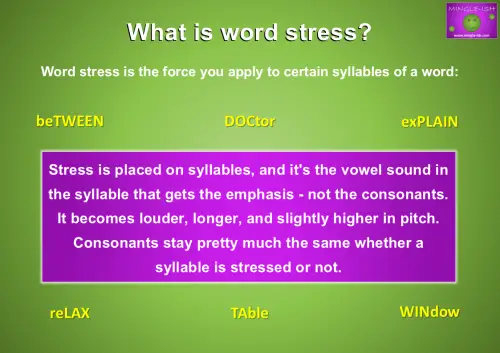 Illustrated explanation of word stress in English with stressed syllables highlighted in sample words like beTWEEN, exPLAIN, and TAble.