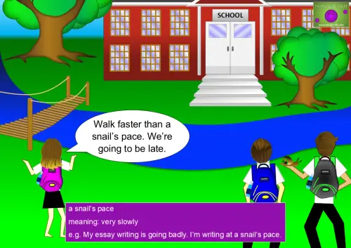 cartoon children walking to school with a snail, using the idiom “a snail’s pace”
