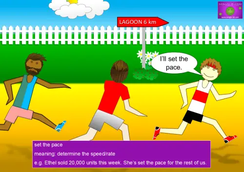 Cartoon runners on a track, with one saying “I’ll set the pace” while leading the group. A sign reads “LAGOON 6 km.
