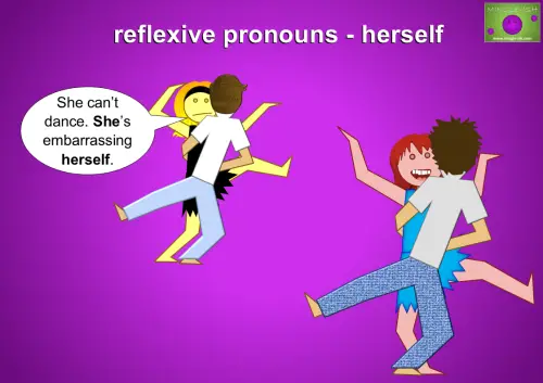 reflexive pronoun examples - herself. She can’t dance. She’s embarrassing herself.