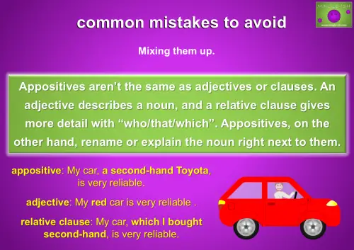 Example of common mistakes with appositives showing mixing up adjectives, adjectives and relative clauses.