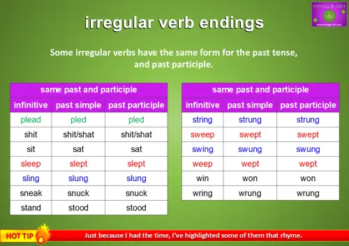 irregular verb ending patterns - same past and participle